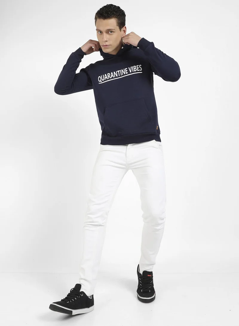 Campus Sutra Men's Navy Blue Quarantine Vibes Hoodie With Kangaroo Hoodie