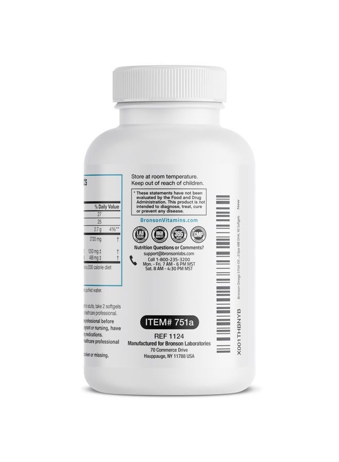 Bronson Omega 3 Fish Oil Triple Strength 2720 mg, High EPA 1250 mg DHA 488 mg, Non-GMO Heavy Metal Tested, 90 Softgels - Image 5
