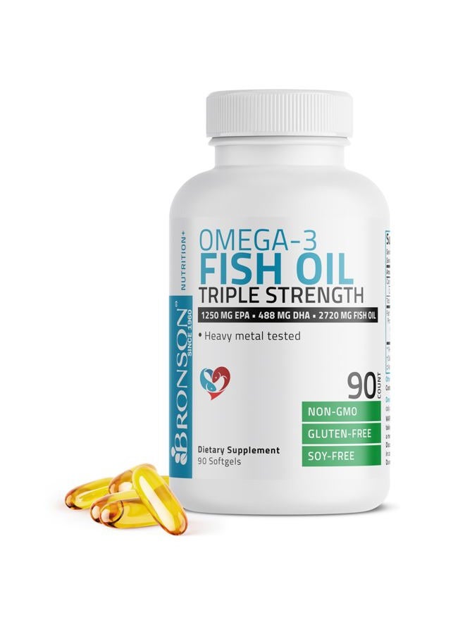 Bronson Omega 3 Fish Oil Triple Strength 2720 mg, High EPA 1250 mg DHA 488 mg, Non-GMO Heavy Metal Tested, 90 Softgels - Image 1