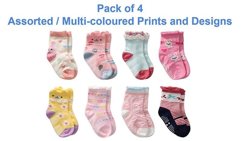 CUTEABLY 4 Pairs - Kids modern Grip Cotton Socks Pack Of 4 Multicolor (Colors & Design May Vary,3-6 Months,Girls) - Image 2
