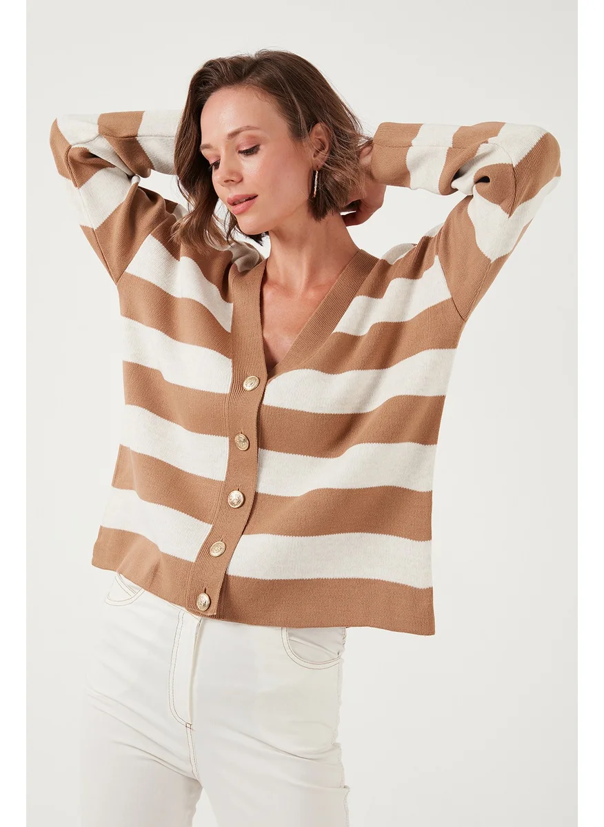 Lela Regular Fit Striped V Neck Buttoned Soft Acrylic Women's Cardigan 4615188