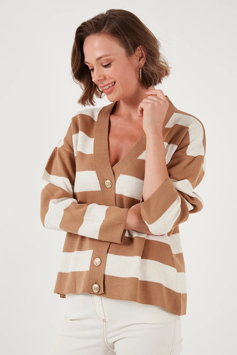 ليلا Regular Fit Striped V Neck Buttoned Soft Acrylic Women's Cardigan 4615188