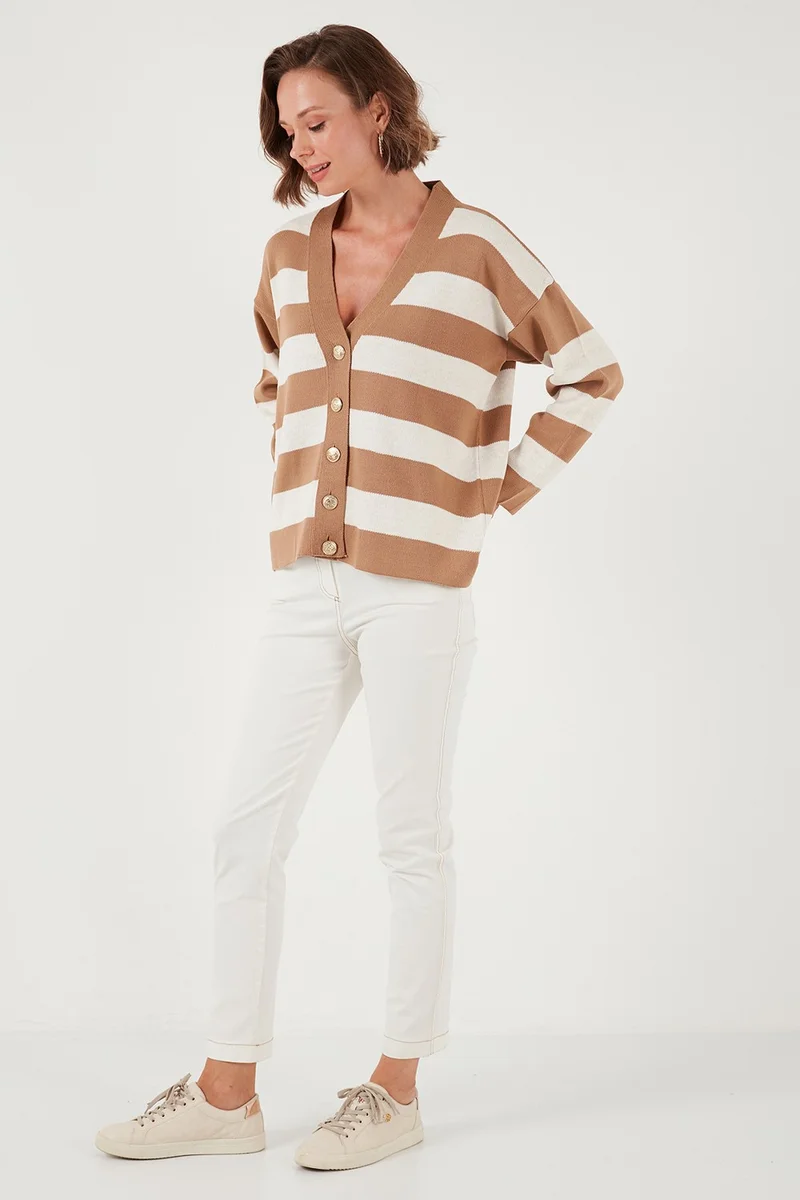 ليلا Regular Fit Striped V Neck Buttoned Soft Acrylic Women's Cardigan 4615188