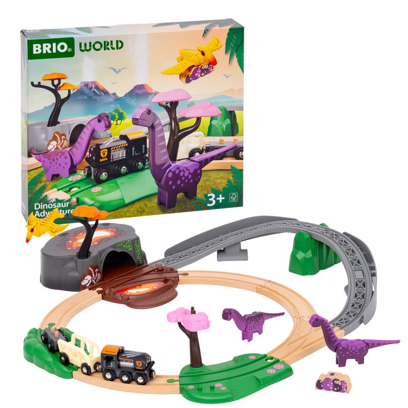 BRIO World Dinosaur Adventure Set 21Piece FSCCertified Wood Train Set Accessories Works with All BRIO Railway Sets Dinosaur Train Engine 2 Wagons Dinosaurs Tracks More Ages 3