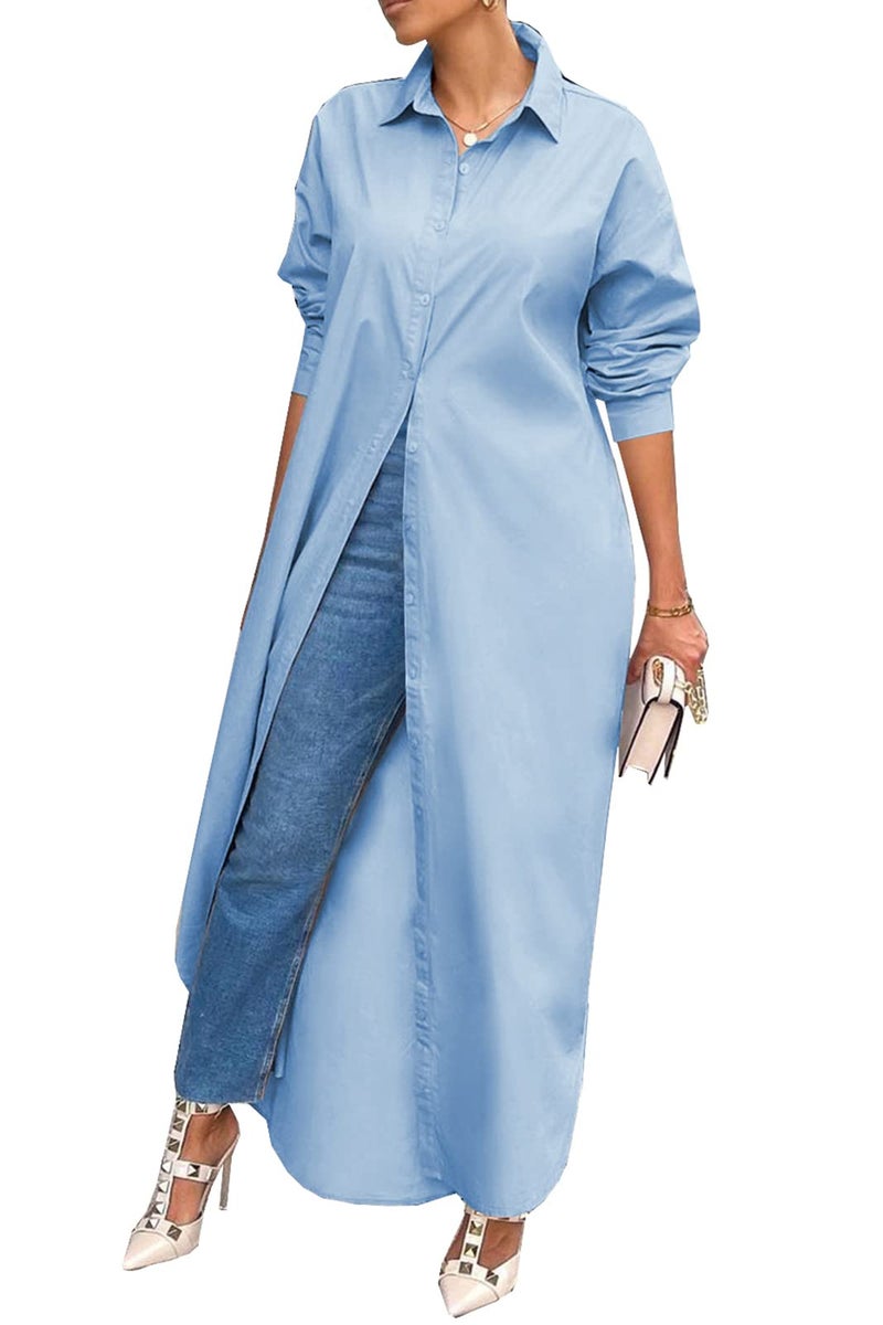 Choichic Oversized Shirts for Women Casual Long Sleeve Side Slit Loose Button Down Tshirt Dresses Maxi Dresses Large Sky Blue - Image 1