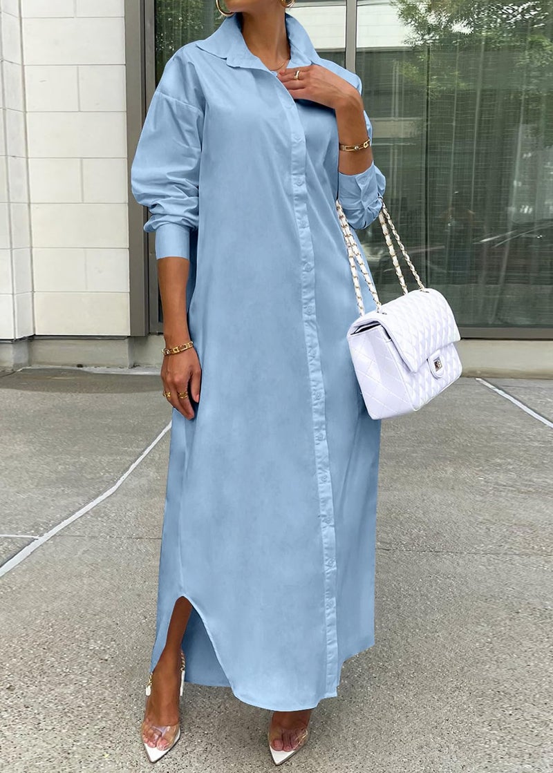 Choichic Oversized Shirts for Women Casual Long Sleeve Side Slit Loose Button Down Tshirt Dresses Maxi Dresses Large Sky Blue - Image 2