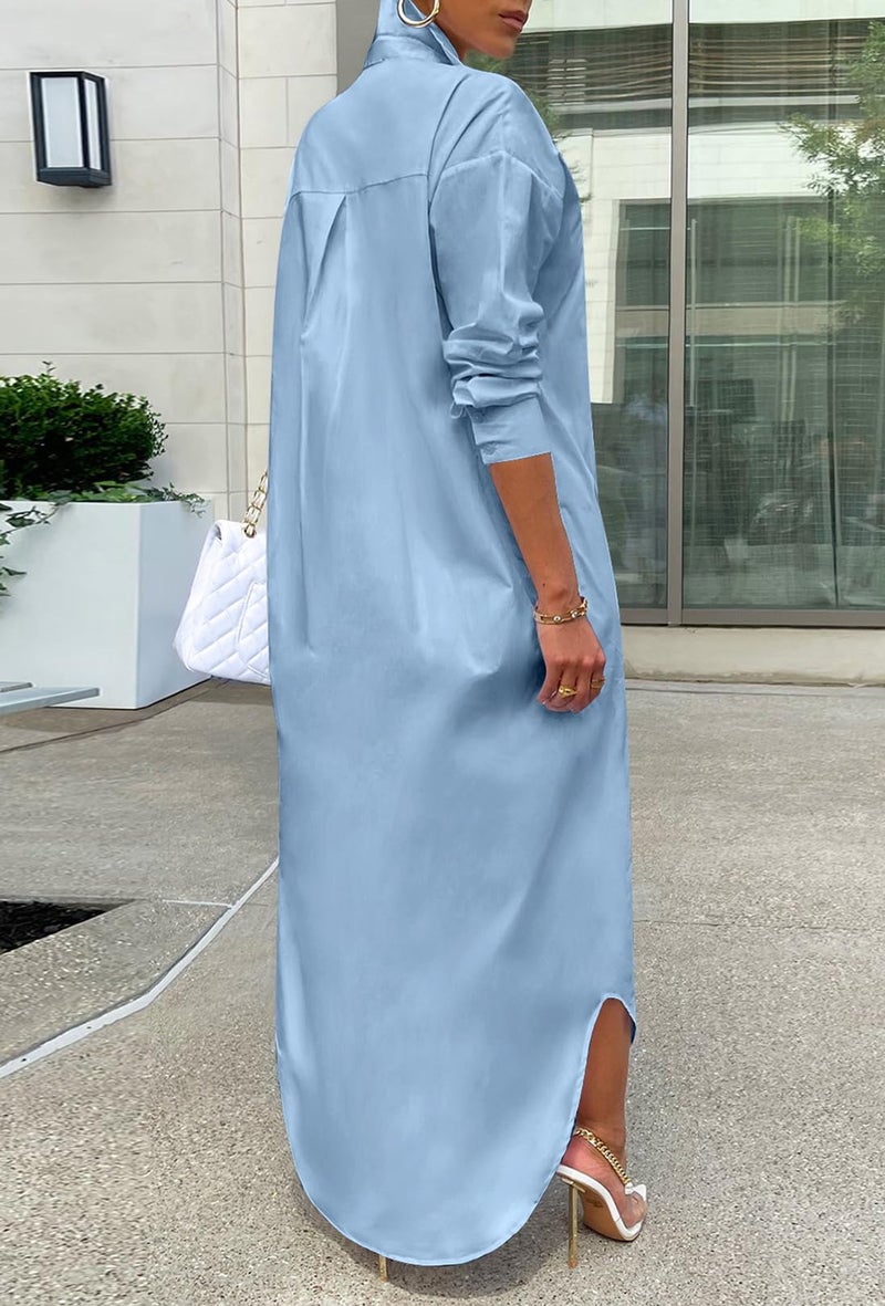 Choichic Oversized Shirts for Women Casual Long Sleeve Side Slit Loose Button Down Tshirt Dresses Maxi Dresses Large Sky Blue - Image 3