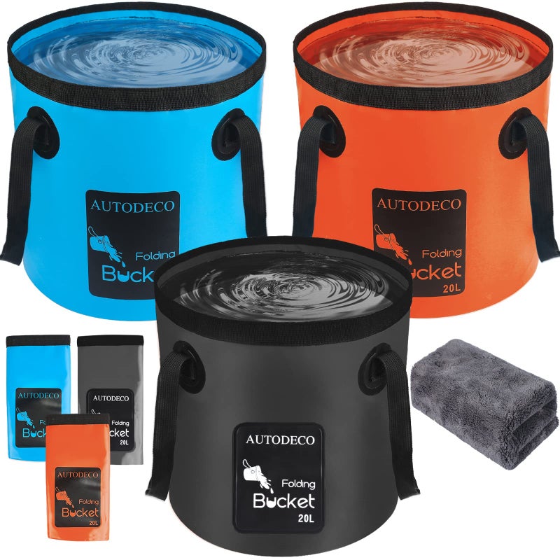 Autodeco 3 Pack Collapsible Bucket 5 Gallon Container Folding Water Bucket Portable Wash Basin For Outdoor Travelling Camping Fishing Gardening Car Washing Blue&Orange&Black