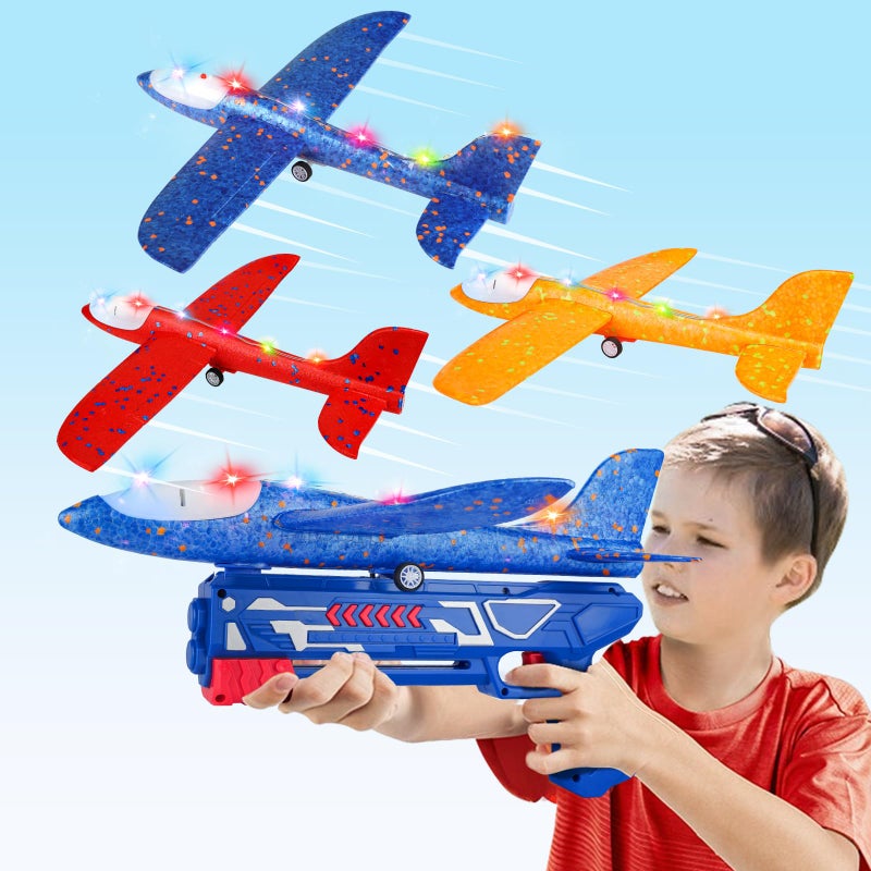 Aiencsai 3 Pack Airplane Launcher Toy, 12.6" Foam Glider Led Plane, 2 Flight Mode Catapult Plane for Kids Outdoor Sport Flying Toys Gifts for 3 4 5 6 7 8 9 10 12 Year Old Boys Girls - Image 1