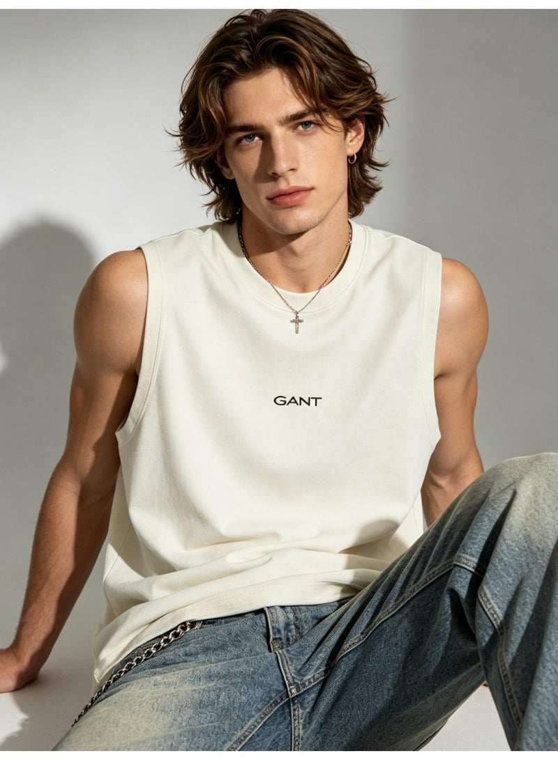 GANT Men's Loose Fit Sleeveless Tank Top Crew Neck Minimal Sport Casual Daily Basic Vest Cream White - Image 2