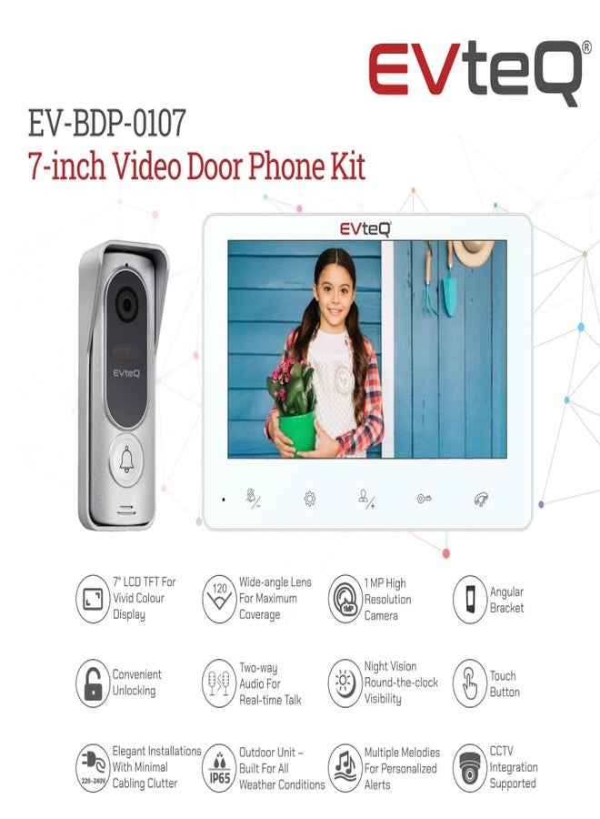 EVteQ EV-BDP-0107 7-inch Video Door Phone Kit with 1MP Camera, 120° Wide-Angle Lens, Night Vision, Two-Way Audio & CCTV Integration - Image 2