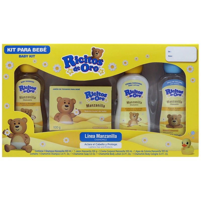 Ricitos de Oro Baby Kit, Chamomile, Hypoallergenic Products, Chamomile Shampoo, Bar Soap, Body Lotion, Body Cologne, 4 Products Inside, One Kit - Image 1