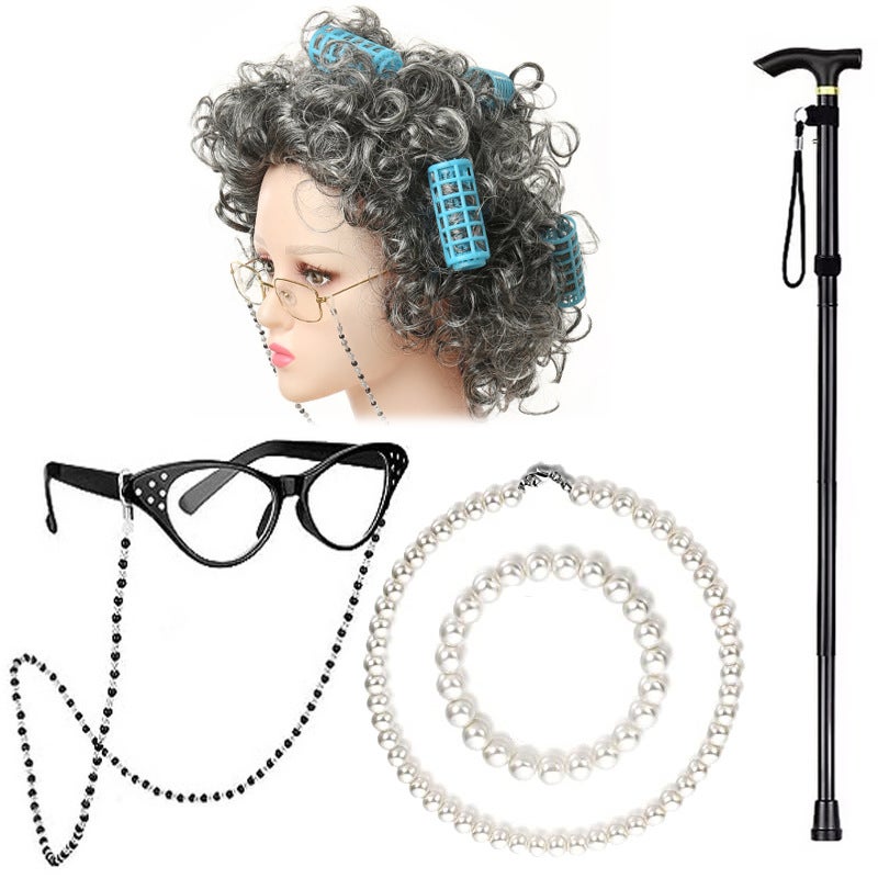 Generic Halloween Granny Wig Cosplay Kids Elderly Costume SetSix-piece set of anti-curling curly hair powder Six-piece set of anti-curling curly hair powder