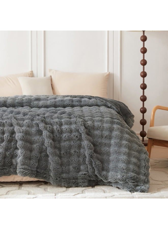 cOOva Faux Rabbit Fur & Flannel Throw Blanket 60x80 Inch - Luxury Fuzzy & Cozy Soft Twin Size Blanket for All Seasons, Breathable and Comfortable for Bed, Couch, and Camping,Cationic Light Grey - Image 3