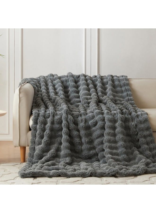 cOOva Faux Rabbit Fur & Flannel Throw Blanket 60x80 Inch - Luxury Fuzzy & Cozy Soft Twin Size Blanket for All Seasons, Breathable and Comfortable for Bed, Couch, and Camping,Cationic Light Grey - Image 2