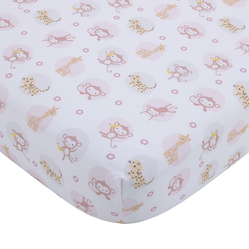 NoJo Little Love Sweet Jungle Friends Pink White and Tan Monkey Cheetah and Giraffe Super Soft Fitted Crib Sheet