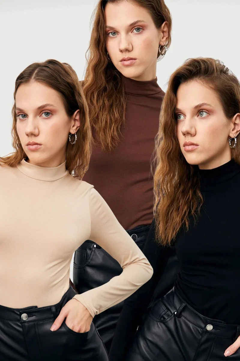 بيبانتولون BIPANTOLON Women's 3-Pack Slim Fit Turtleneck Bodysuits