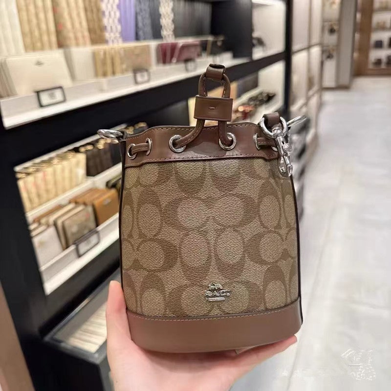 Kou'S New Dempsey15 Mini Bucket Bag Fashionable All-Match Drawstring Old Flower Hand Carrying Shoulder Crossbody Women'S Bag