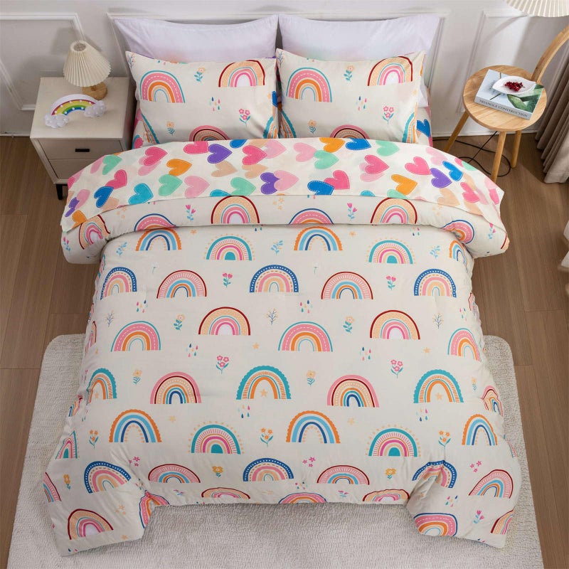 Btargot 5 Piece MultiColor Rainbow Comforter Set for Girls Boys Kids Twin Size Cartoon Love Hearts Flowers and Sun Star Bedding Set Bed in a Bag with Comforter Sheets and Pillowcases