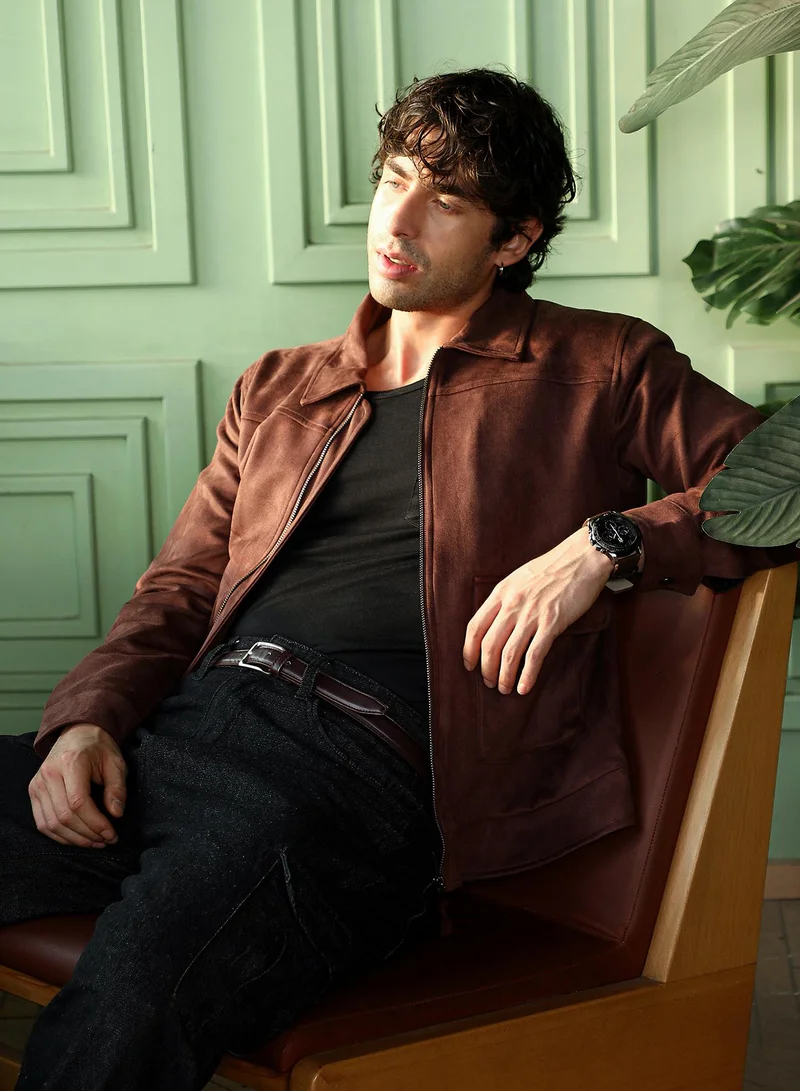 Campus Sutra Men Suede Zip-Front Jacket | Point Collar, Long Button-Cuff Sleeves | Zipper , Band-Straight Hem | Solid Textured | Woven Fabric For Casual & Daily Wear | Chocolate Brown