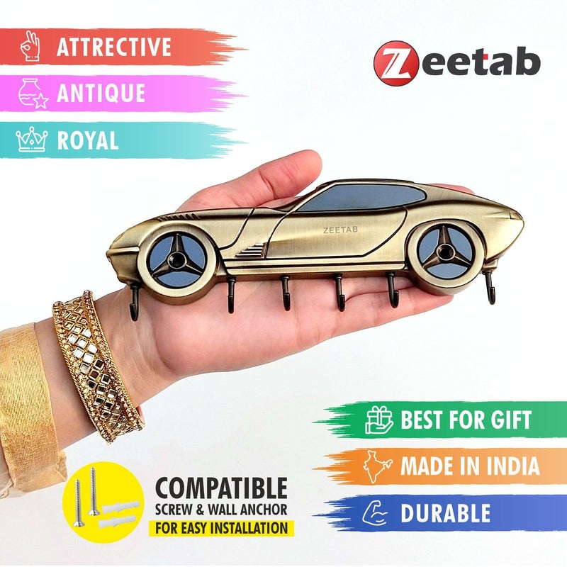 Zeetab Car Key Holder | Car Key Stand & Brass Metal Wall Mount Hanger with 6 Hooks | Home Decor Gift (20x7cm) (Antique Blk) - Image 5