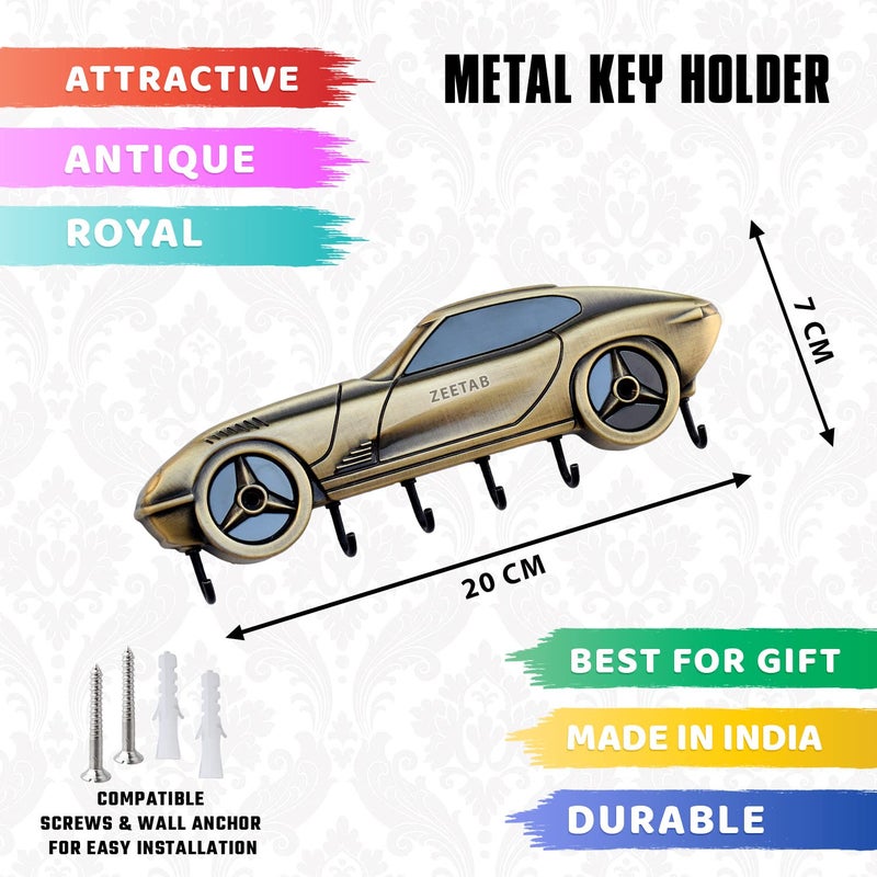 Zeetab Car Key Holder | Car Key Stand & Brass Metal Wall Mount Hanger with 6 Hooks | Home Decor Gift (20x7cm) (Antique Blk) - Image 2