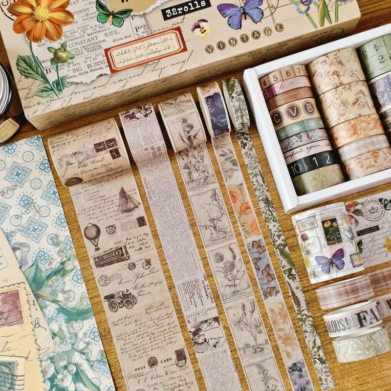 Bomichi 32 Rolls Vintage Washi Tape, Aesthetic Colored Decorative Cute Scrapbook Tape for Scrapbooking Supplies Journaling Craft Junk Journal - Image 3
