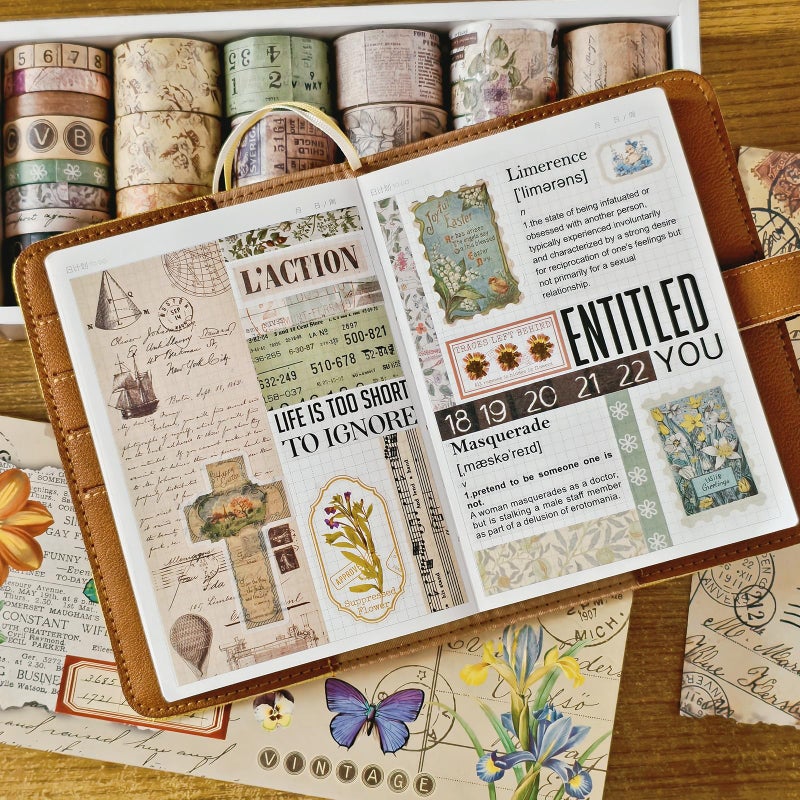 Bomichi 32 Rolls Vintage Washi Tape, Aesthetic Colored Decorative Cute Scrapbook Tape for Scrapbooking Supplies Journaling Craft Junk Journal - Image 5