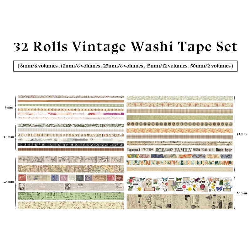 Bomichi 32 Rolls Vintage Washi Tape, Aesthetic Colored Decorative Cute Scrapbook Tape for Scrapbooking Supplies Journaling Craft Junk Journal - Image 4