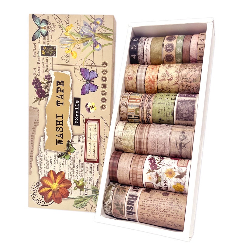 Bomichi 32 Rolls Vintage Washi Tape, Aesthetic Colored Decorative Cute Scrapbook Tape for Scrapbooking Supplies Journaling Craft Junk Journal - Image 1