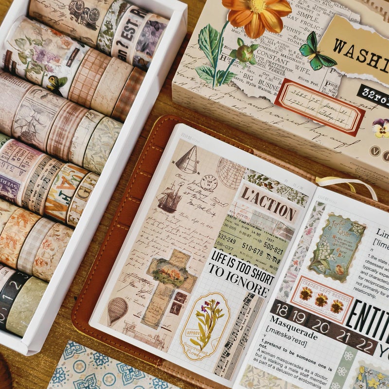 Bomichi 32 Rolls Vintage Washi Tape, Aesthetic Colored Decorative Cute Scrapbook Tape for Scrapbooking Supplies Journaling Craft Junk Journal - Image 2