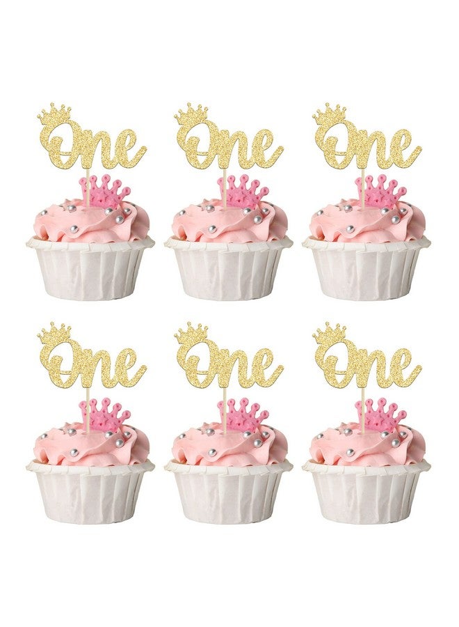 Ephlyn 24Pcs Crown Cupcake Toppers Gold Glitter Crown One Cupcake Toppers Prince 1st Birthday Crown Cupcake Decors for Prince Crown Theme Baby Shower Party Decoration Supplies - Image 1