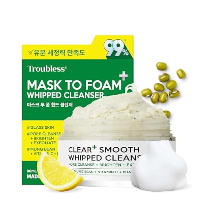 Troubless CLEAR PLUS Smooth Whipped Cleanser – Korean Skin Care Mask-to-Foam Facial Cleanser w/Vitamin C, Mung Bean, Kaolin Clay & PHA – Pore-Refining & Hydrating Face Wash (2.70 fl oz) - Image 1