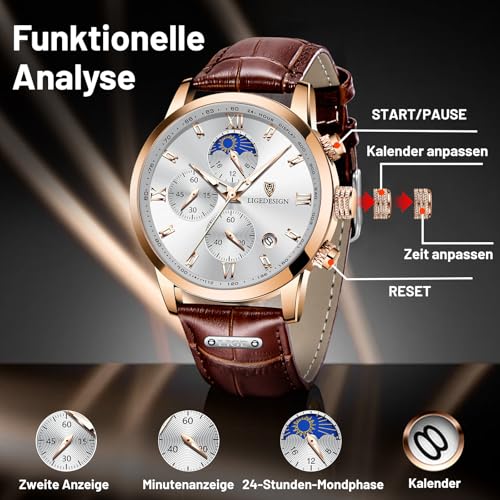 LIGE Chronograph Watch for Men Wrist Leather Analog Dress Waterproof Vintage Work Casual Unique Retro Quartz Date Moon Phase Display Luminous 3ATM Water Resistant Mens Watches,Rose Gold White - Image 4