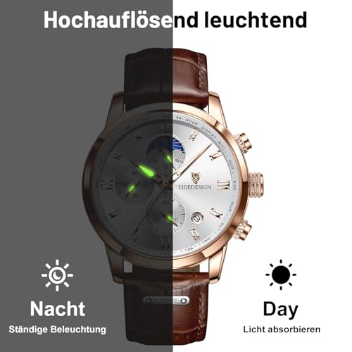 LIGE Chronograph Watch for Men Wrist Leather Analog Dress Waterproof Vintage Work Casual Unique Retro Quartz Date Moon Phase Display Luminous 3ATM Water Resistant Mens Watches,Rose Gold White - Image 3