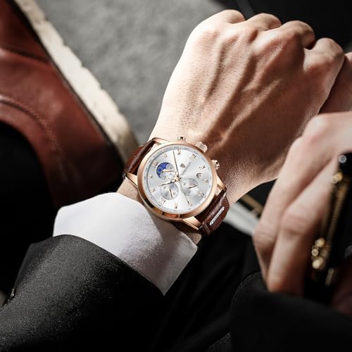 LIGE Chronograph Watch for Men Wrist Leather Analog Dress Waterproof Vintage Work Casual Unique Retro Quartz Date Moon Phase Display Luminous 3ATM Water Resistant Mens Watches,Rose Gold White - Image 2