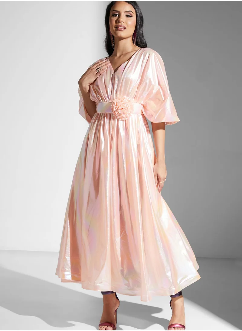 Golden Apple Floral Belted Cape Sleeve Dress