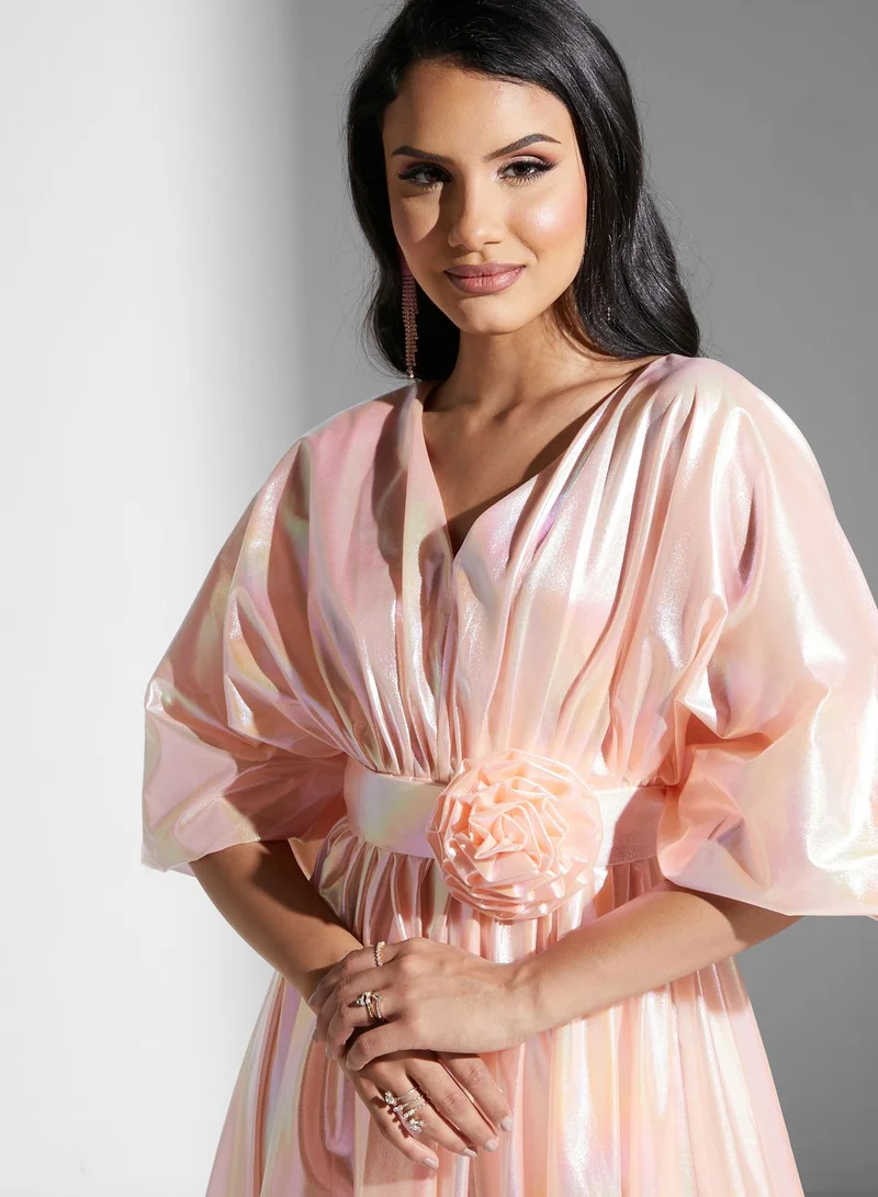 Golden Apple Floral Belted Cape Sleeve Dress