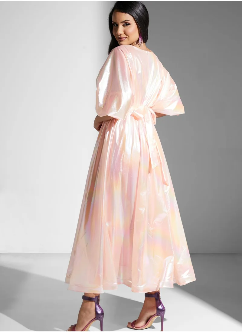 Golden Apple Floral Belted Cape Sleeve Dress