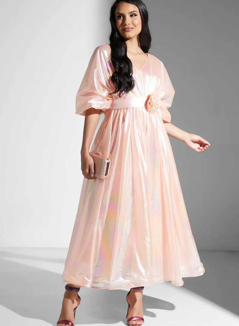 Golden Apple Floral Belted Cape Sleeve Dress