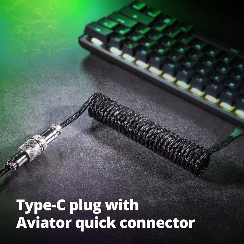 GUNMJO كابل GUNMJO Pro المخصص الملفوف من USB-C لوحة مفاتيح الألعاب�� كابل لوحة مفاتيح ميكانيكي مزدوج الأكم��م مع قابس طيار معدني قابل للفصل، 1.5 متر من USB-C إلى USB-A، بلون الأسود الكلاسيكي - Image 3