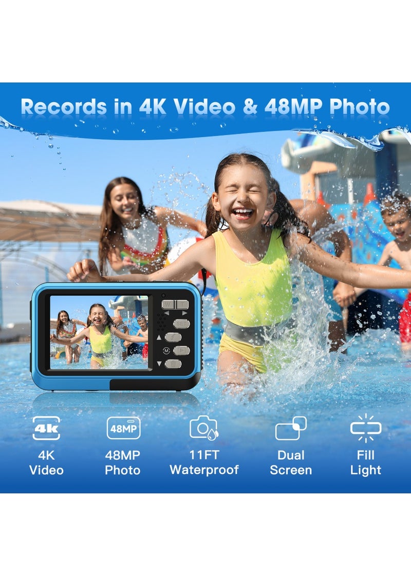 Generic - 4K Underwater Camera 11FT Waterproof Camera with 64GB Card 48MP Autofocus Dual-Screen Selfie Underwater Camera for Snorkeling(Blue) - Image 1