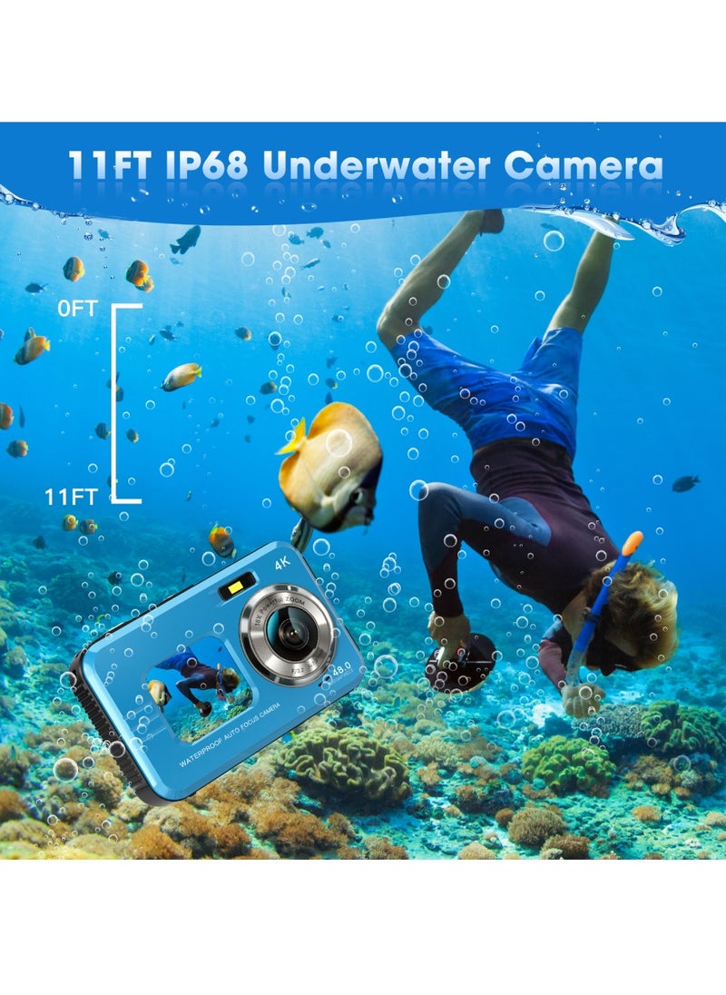 Generic - 4K Underwater Camera 11FT Waterproof Camera with 64GB Card 48MP Autofocus Dual-Screen Selfie Underwater Camera for Snorkeling(Blue) - Image 1
