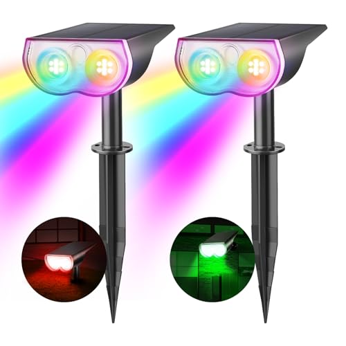Consciot Solar Spot Lights Outdoor, Halloween Decorations 22 LEDs IP67 Waterproof Color Changing Solar Outdoor Lights, 8 Colors, 2-in-1 Adjustable Wall Lights for Garden Yard Pathway, 2 Pack(RGB) - Image 1