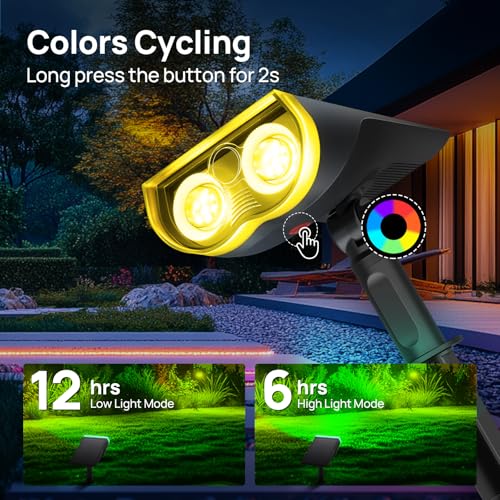 Consciot Solar Spot Lights Outdoor, Halloween Decorations 22 LEDs IP67 Waterproof Color Changing Solar Outdoor Lights, 8 Colors, 2-in-1 Adjustable Wall Lights for Garden Yard Pathway, 2 Pack(RGB) - Image 3