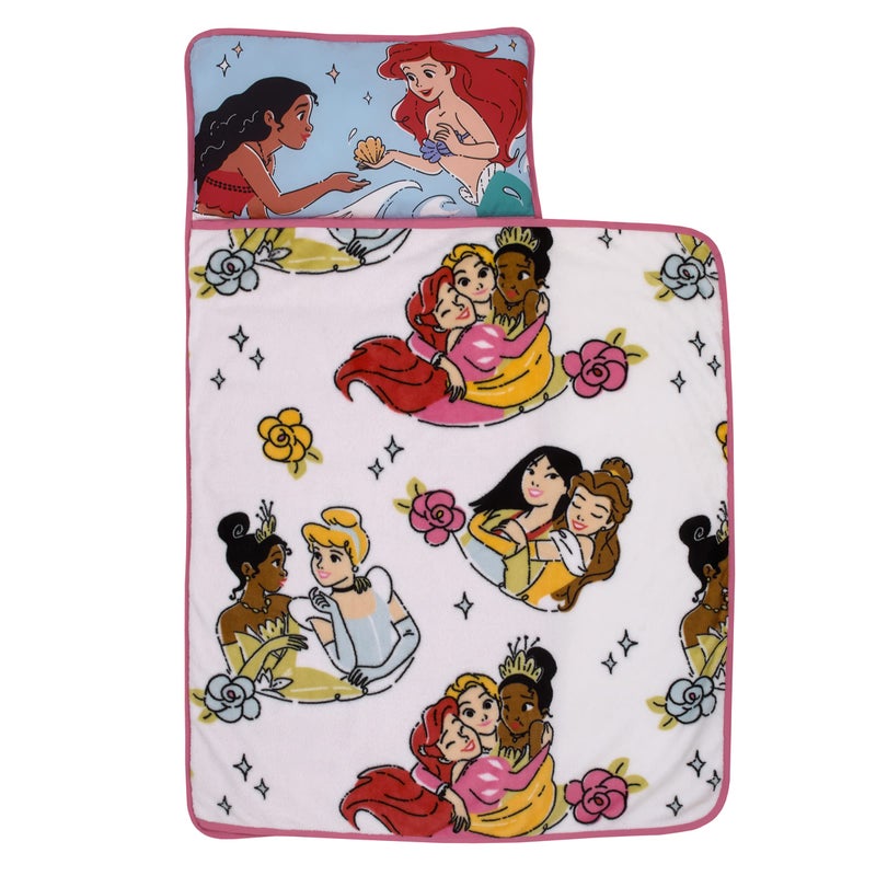Disney Princesses Courage and Kindness Pink Blue and White Ariel Tiana Moana Cinderella Mulan and Belle Toddler Nap Mat