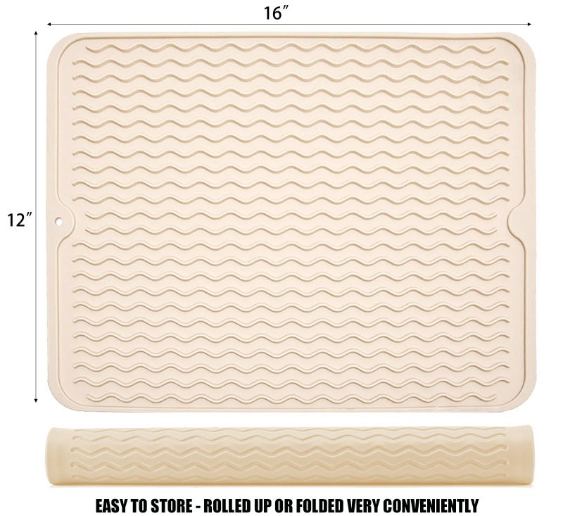 MODENGKONGJIAN Silicone Dish Drying Mat for Multiple Usage, Easy clean, Eco-friendly, Heat-resistant Dish Drainer Mat for Kitchen Counter,Sink,Refrigerator or Drawer liner (16" x 12", BEIGE) - Image 2