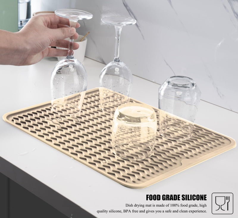 MODENGKONGJIAN Silicone Dish Drying Mat for Multiple Usage, Easy clean, Eco-friendly, Heat-resistant Dish Drainer Mat for Kitchen Counter,Sink,Refrigerator or Drawer liner (16" x 12", BEIGE) - Image 3
