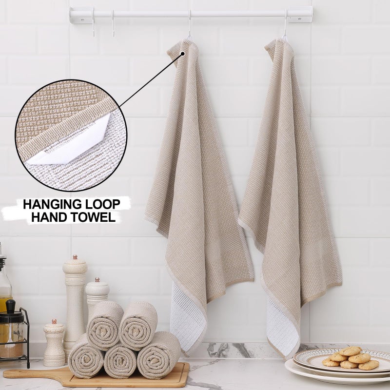 Homaxy Premium Kitchen Towels(18â€x 28â€, 6 Pack), Large Cotton Kitchen Hand Towels, Flat and Terry Dish Towels, 380 GSM Highly Absorbent Tea Towel Set with Hanging Loop, Khaki - Image 3