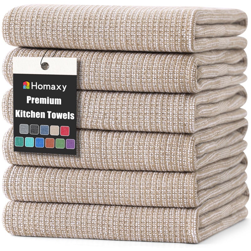 Homaxy Premium Kitchen Towels(18â€x 28â€, 6 Pack), Large Cotton Kitchen Hand Towels, Flat and Terry Dish Towels, 380 GSM Highly Absorbent Tea Towel Set with Hanging Loop, Khaki - Image 1